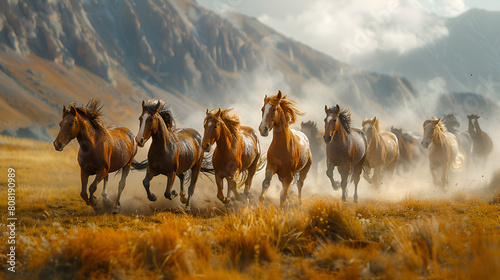 Herd of horses galloping n the wild horses wild horses running in a mountain landscape  Generative Ai 