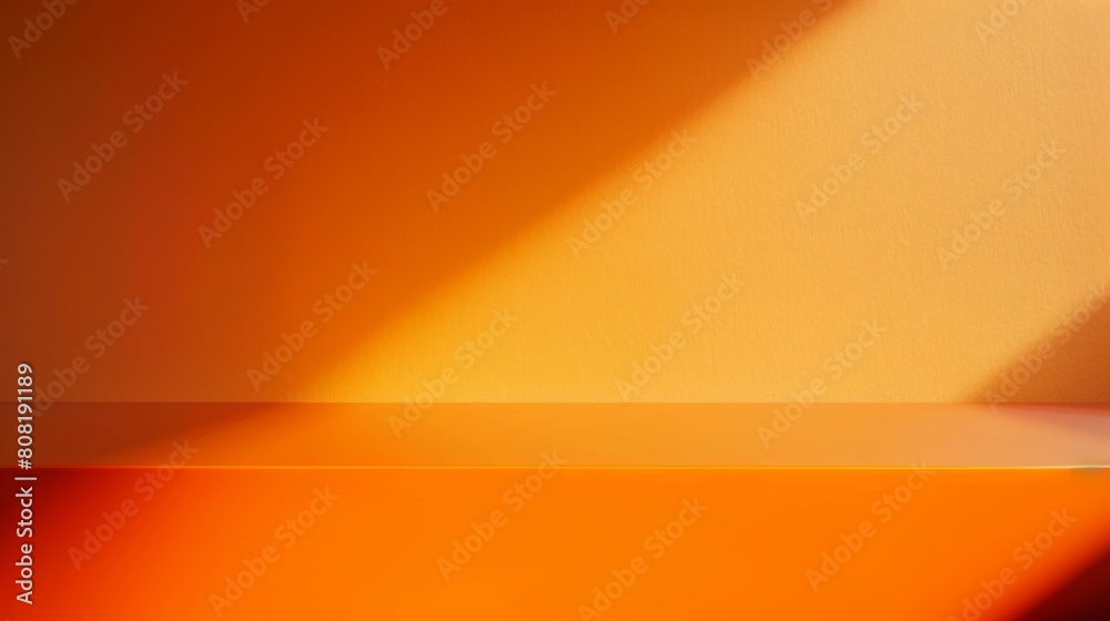 3D studio room with orange background. Empty floor and wall with product podium. Shadow overlay from window to countertop. Mockup illustration with sunlight.