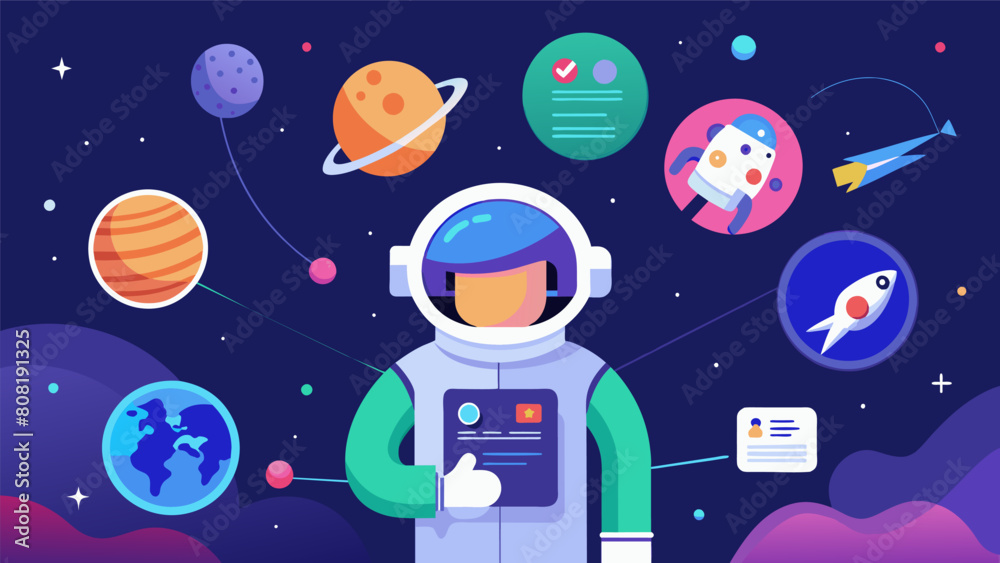 Join a virtual space mission and learn about the various roles and tasks of astronauts in this interactive app.. Vector illustration Join a virtual space mission and learn about the various roles and tasks of astronauts in this interactive app.. Vector illustration