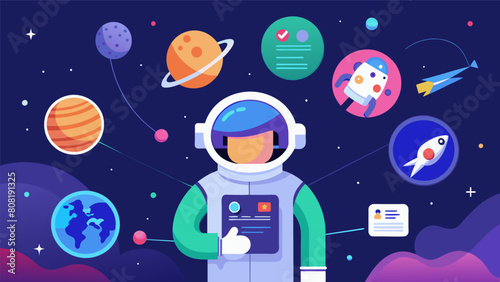 Join a virtual space mission and learn about the various roles and tasks of astronauts in this interactive app.. Vector illustration