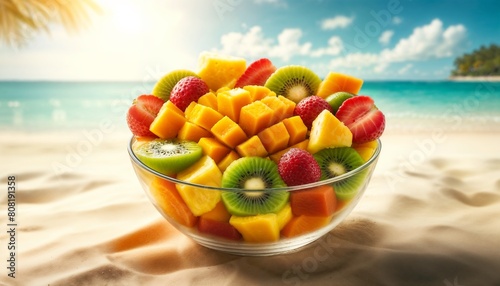 Bowl Filled With Cut-Up Fruit on Sandy Beach photo