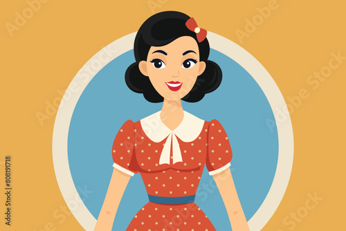 Young woman in 1950s in red dress smiling cartoon character illustration