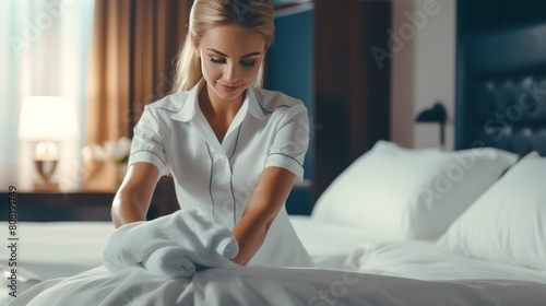 Hotel chambermaid in uniform expertly making bed for impeccable room presentation