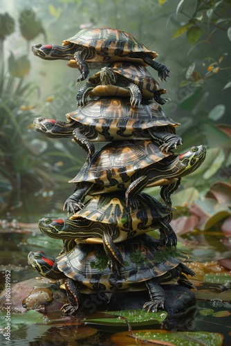 Futurism art depicting a whimsical scene of turtles stacking on top of each other in a lush green pond, highlighting a humorous wildlife behavior.
