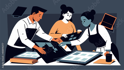 In the darkroom students carefully handle delicate black and white negatives learning the art of developing and printing their own vintagestyle. Vector illustration