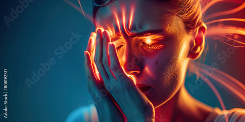 Sinus Pressure: The Head Congestion and Facial Pain - Imagine a person holding their face, with pressure marks around the nose and eyes, showing the discomfort and pain associated with sinus pressure photo