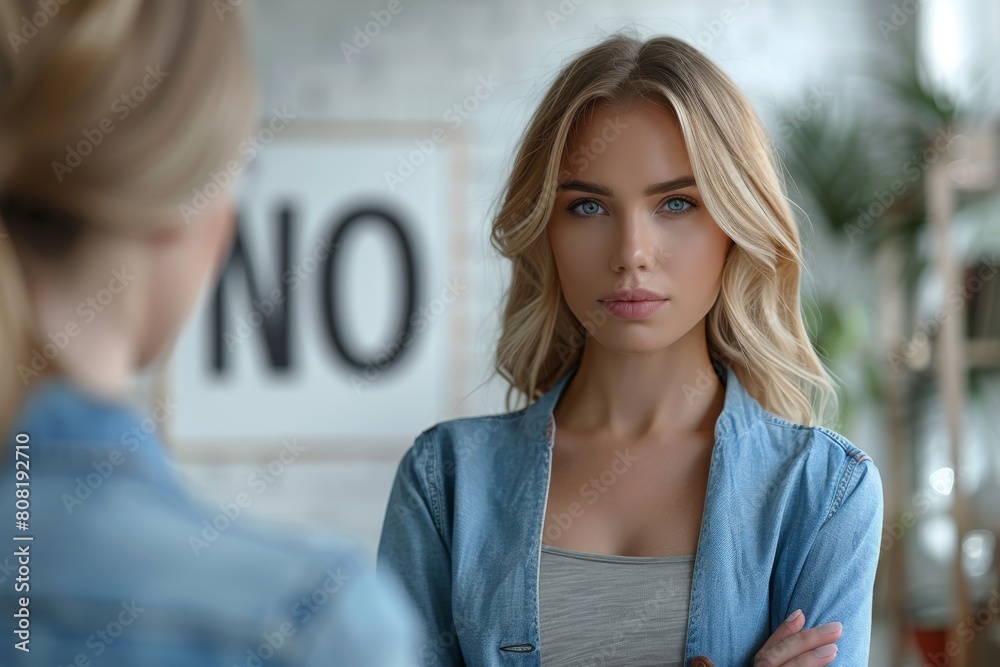 Assertive woman with crossed arms stands in front of a sign that reads 'NO', exuding confidence Assertive woman with crossed arms stands in front of a sign that reads 'NO', exuding confidence