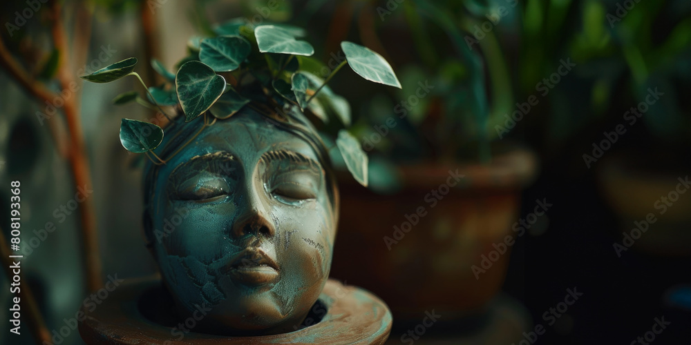 Fototapeta premium A pot in the shape of a head and a small plant inside. Background, with copy space