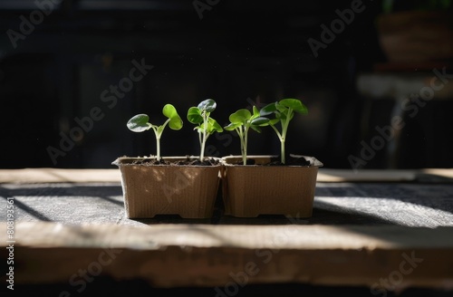 Biodegradable cardboard pots with growing seedlings on a black background	