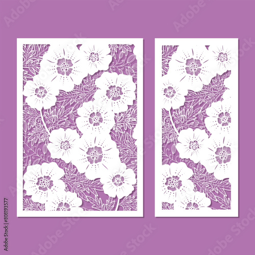 Card with floral design or envelope for wedding invitation. Template for laser cutting from paper, cardboard, wood. For the design of invitations, cards, menus, interior decorations, stencils, etc. Ve