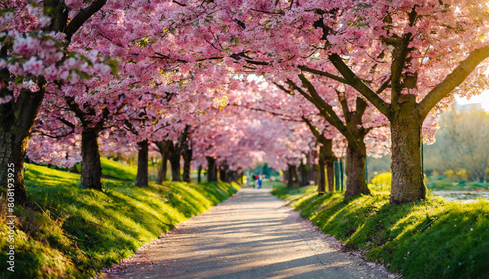 scenic park adorned with rows of blooming cherry blossoms, inviting serenity and awe in viewers scenic park adorned with rows of blooming cherry blossoms, inviting serenity and awe in viewers