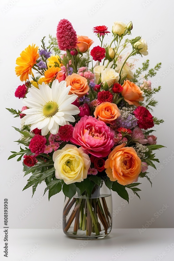 Vibrant Flower Bouquet. A colorful mix of fresh flowers arranged in a clear glass vase.