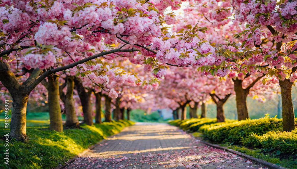 scenic park adorned with rows of blooming cherry blossoms, inviting serenity and awe in viewers scenic park adorned with rows of blooming cherry blossoms, inviting serenity and awe in viewers