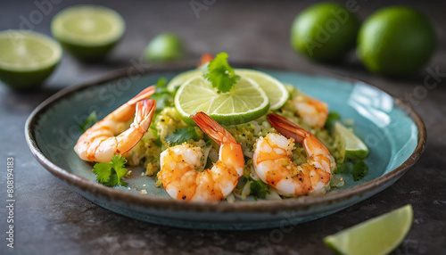 sauteed lime and cilantro shrimps in a sizzling skillet, showcasing vibrant colors and enticing aromas © Your Hand Please