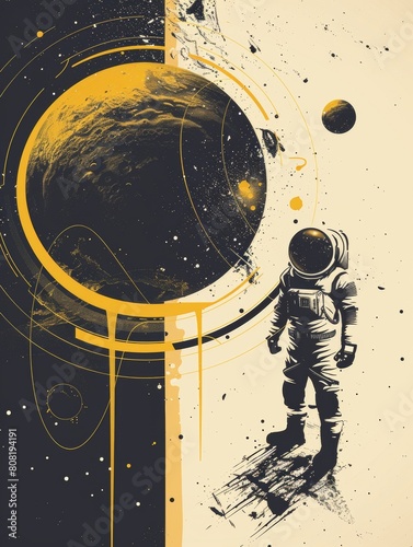 Astronaut on geometric background with circular shapes. Illustration Graphic Modern Poster and Cover