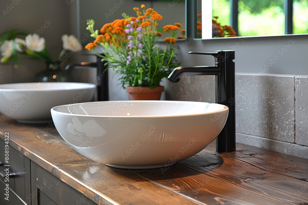This image shows a modern white bathroom sink atop a wooden counter, complemented by a verdant window view This image shows a modern white bathroom sink atop a wooden counter, complemented by a verdant window view
