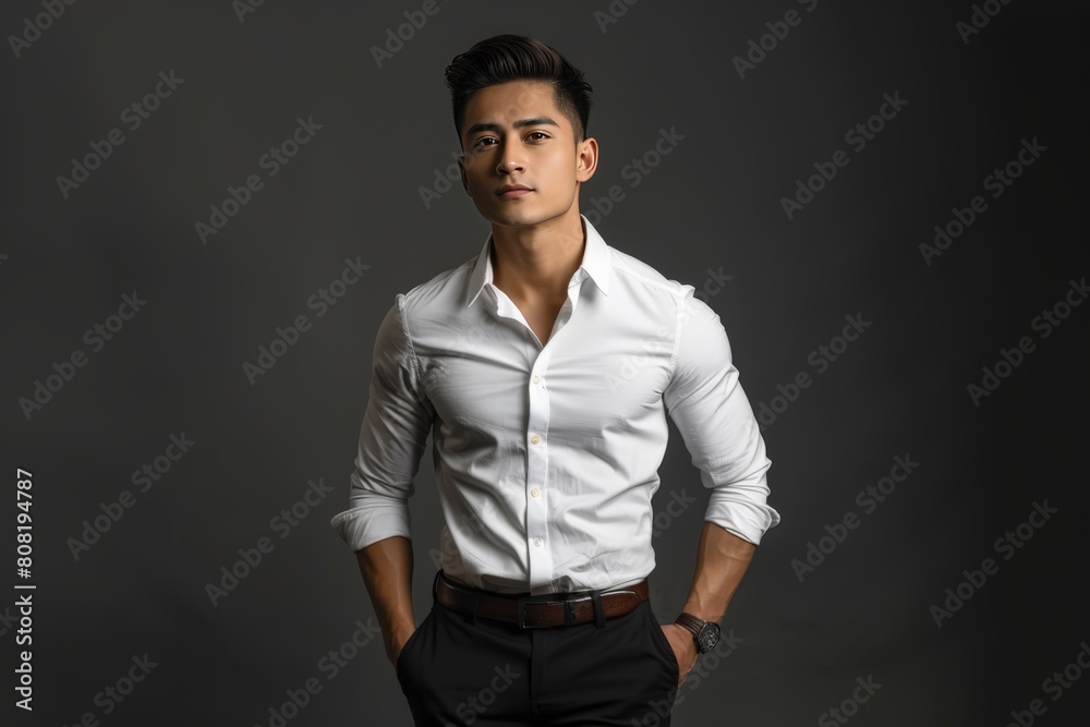 Obraz premium A man is standing, wearing a white shirt and black pants