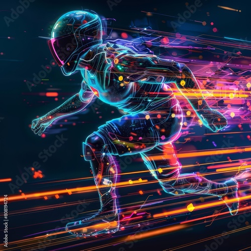 Charismatic concept of future sports incorporating augmented reality to train athletes, depicted in colorful styles, with a closeup cinematic sharpen