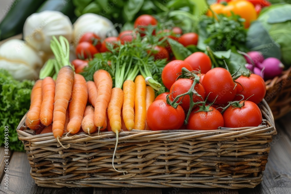 Assortment of fresh garden vegetables presented in a rustic wicker basket highlighting healthy eating and organic farming