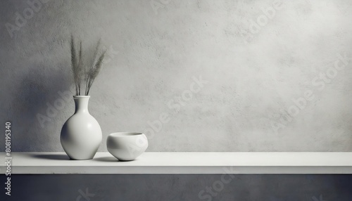 Universal minimalistic background for product presentation. White empty shelf on a light gray wall.