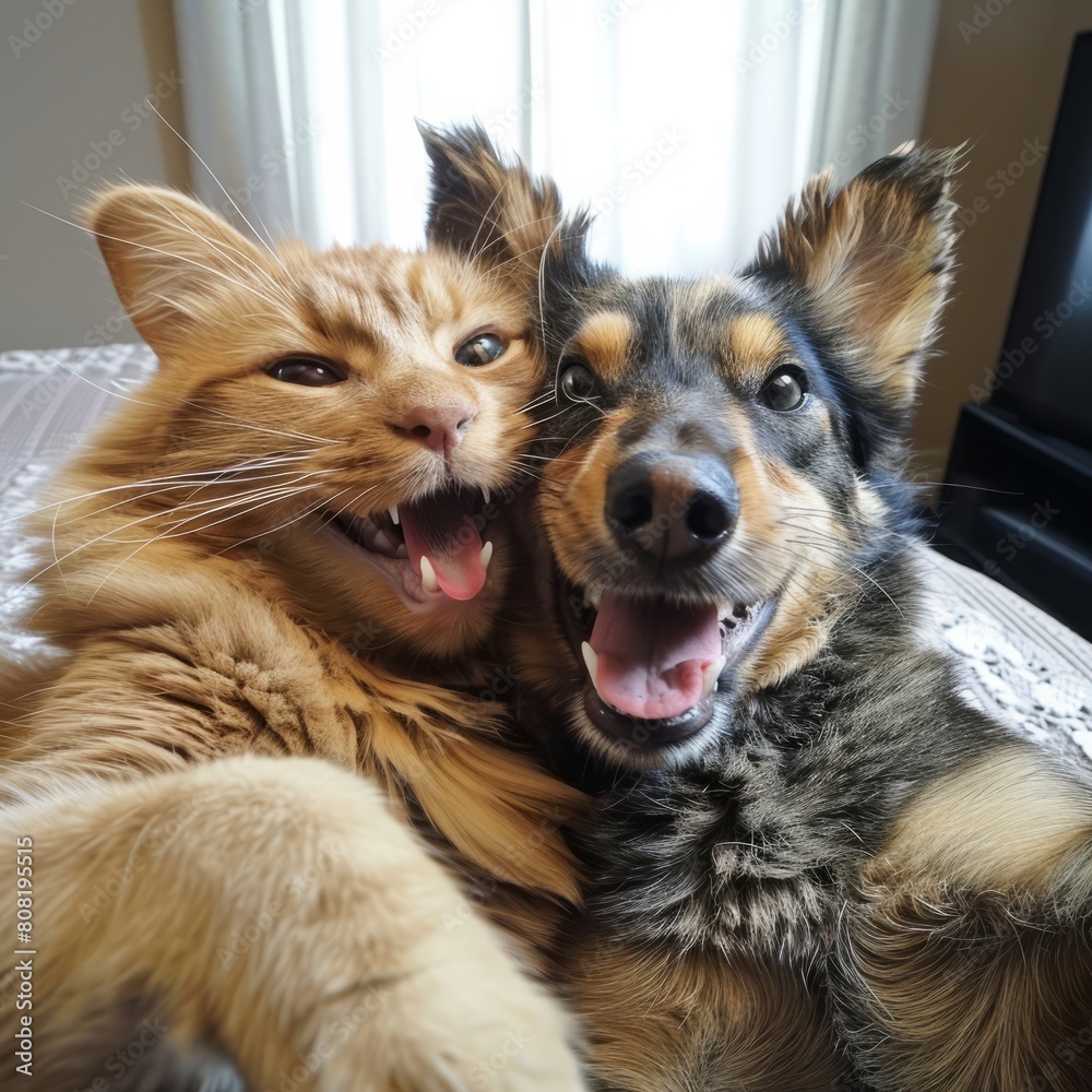 Naklejka premium Cheerful comical dog with a cat take a selfie on camera 