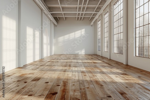 Bright sunlight streams into an empty  expansive loft with polished wooden floors and large windows