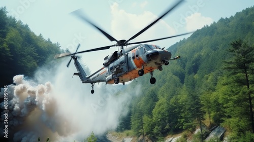 Emergency rescue helicopter landing for critical rescue operation in concept of urgent response photo