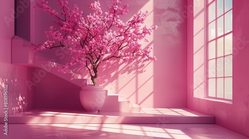   A pink vase, brimming with flowers, sits atop a rose-hued floor Nearby, stairs ascend, and a window lets in natural light © Jevjenijs
