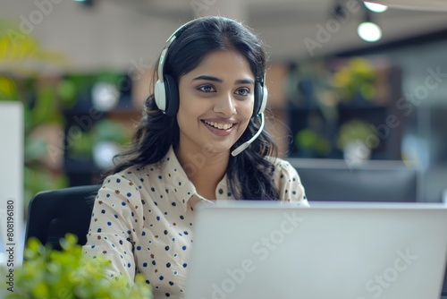 A woman wearing headphones sits in front of a laptop computer