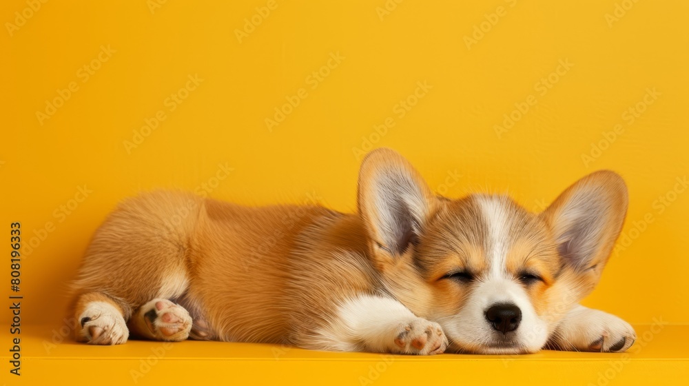 A small brown-and-white dog lies on a yellow shelf, its head rested on its paws A small brown-and-white dog lies on a yellow shelf, its head rested on its paws