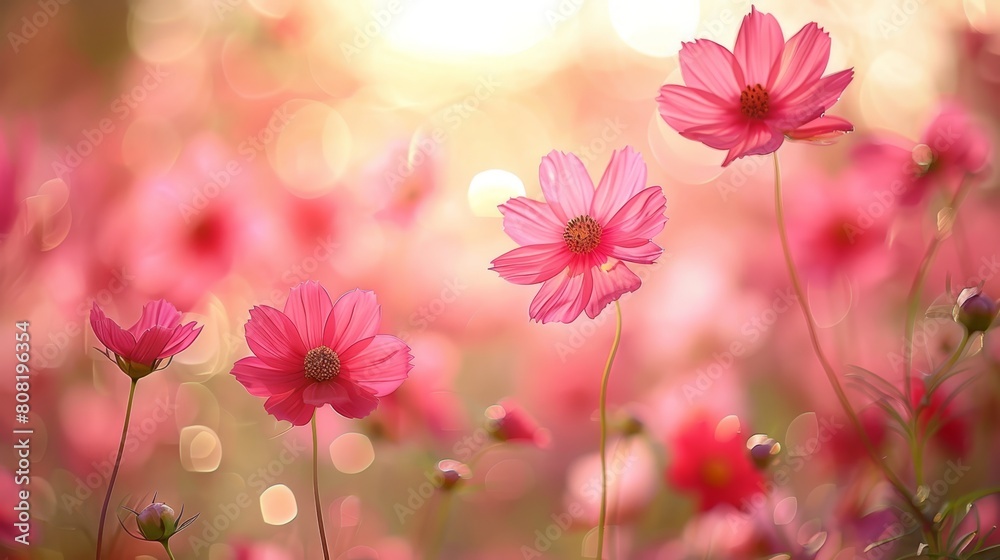A field filled with pink blooms, sun piercing cloud cover, flowers in foreground A field filled with pink blooms, sun piercing cloud cover, flowers in foreground