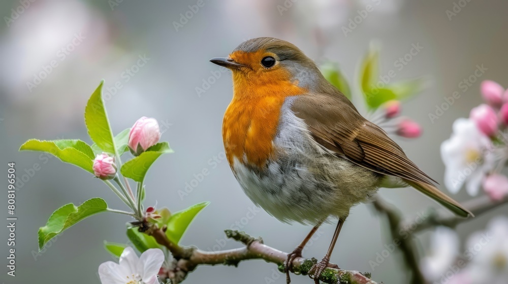 A bird perched on a tree branch, flowers in the foreground, background softly blurred A bird perched on a tree branch, flowers in the foreground, background softly blurred