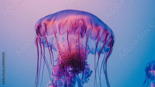   A tight shot of a jellyfish in shimmering blue-pink waters, surrounded by a light blue sky © Jevjenijs