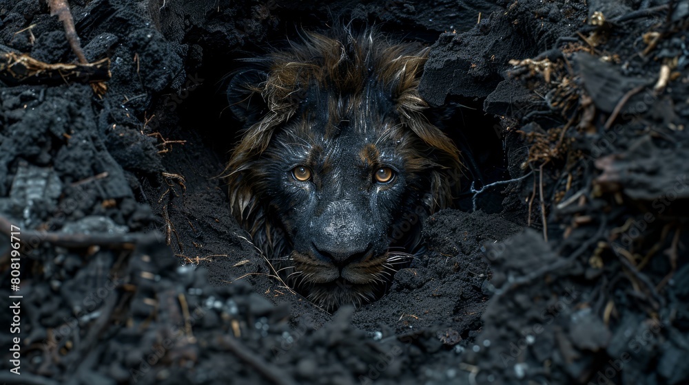 A tight shot of a dog's face emerging from a hole in the earth, surrounded by dirt and overgrown grass A tight shot of a dog's face emerging from a hole in the earth, surrounded by dirt and overgrown grass