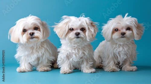   Three small white dogs sit together on a blue-green background, facing a blue backdrop © Jevjenijs