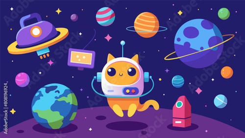Take your virtual pet on a space adventure exploring different planets and galaxies while playing games and completing quests.. Vector illustration