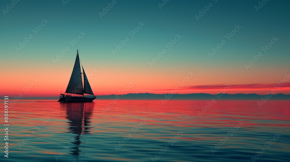   A sailboat in the midst of a tranquil body of water as the sun sets, casting an orange glow over the surface