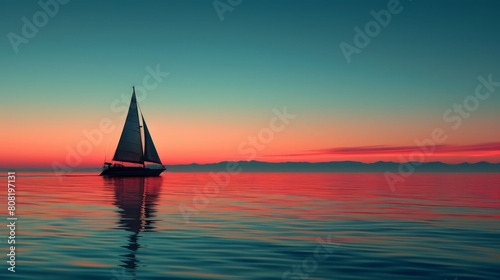  A sailboat in the midst of a tranquil body of water as the sun sets, casting an orange glow over the surface