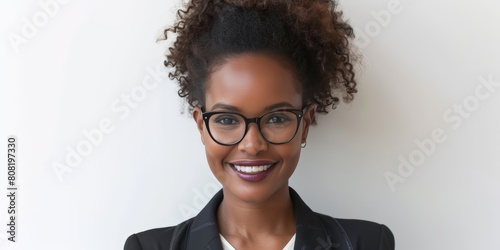A woman with glasses and a blazer standing confidently photo