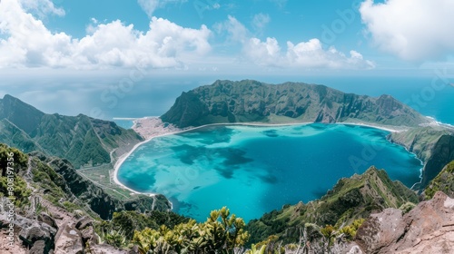  A large body of water lies atop a mountain, adjacent to a lush, forested expanse teeming with numerous trees