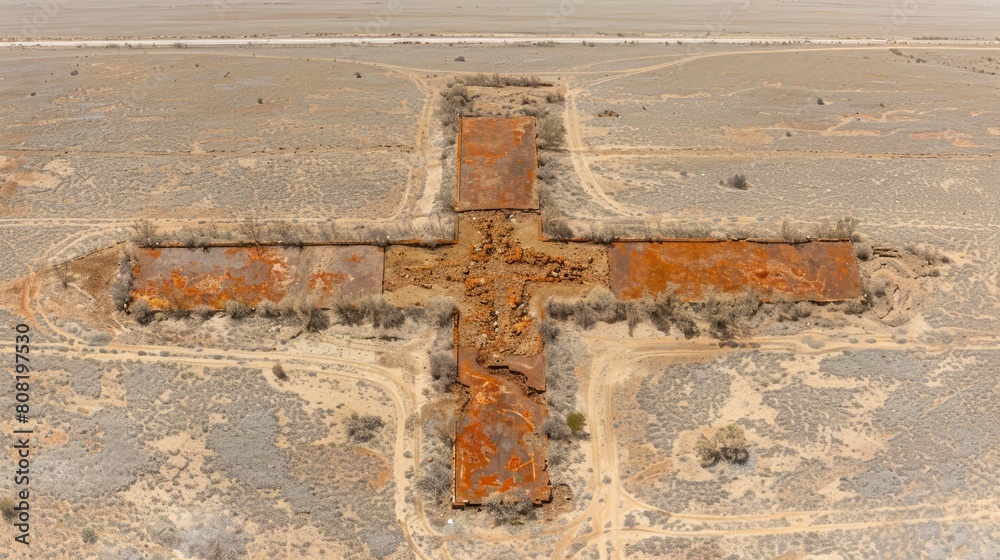   A bird's-eye perspective of a weathered cross in the heart of a dirt expanse, backed by a body of water