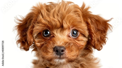  A sad dog's face in close-up, against a pristine white background