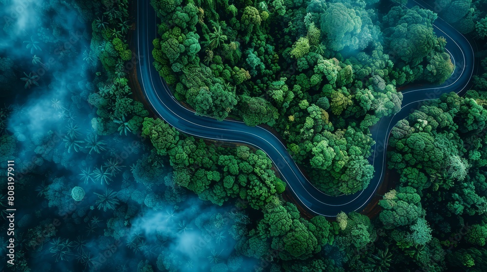Aerial perspective of a forested route with its sinuous turns veiled in morning fog Aerial perspective of a forested route with its sinuous turns veiled in morning fog