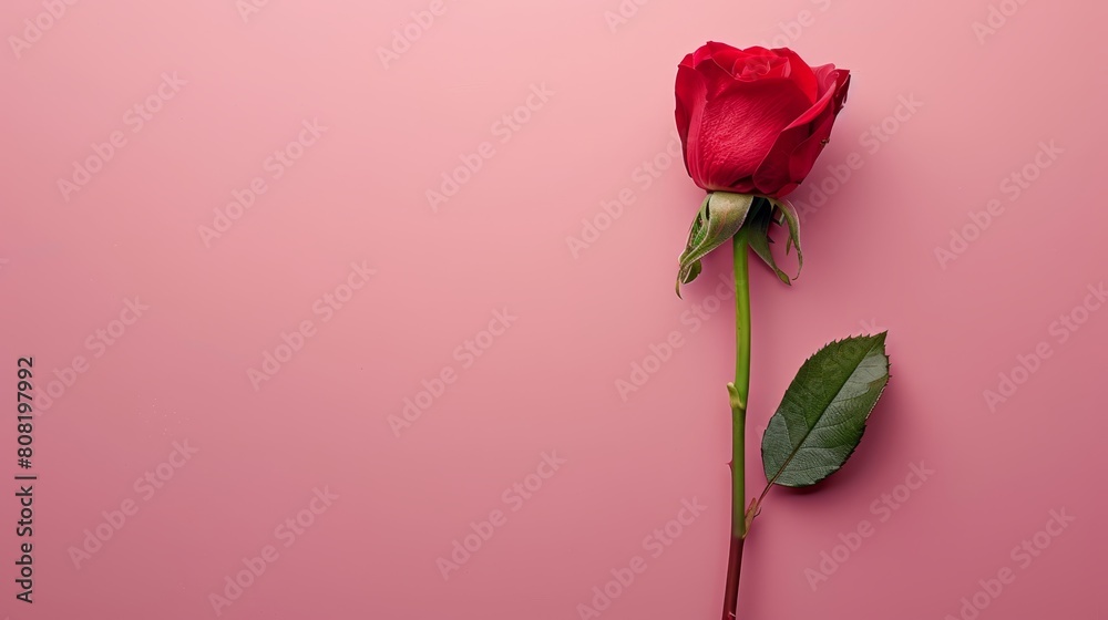 A solitary red rose atop a pink backdrop, beside a verdant green stem's end A solitary red rose atop a pink backdrop, beside a verdant green stem's end