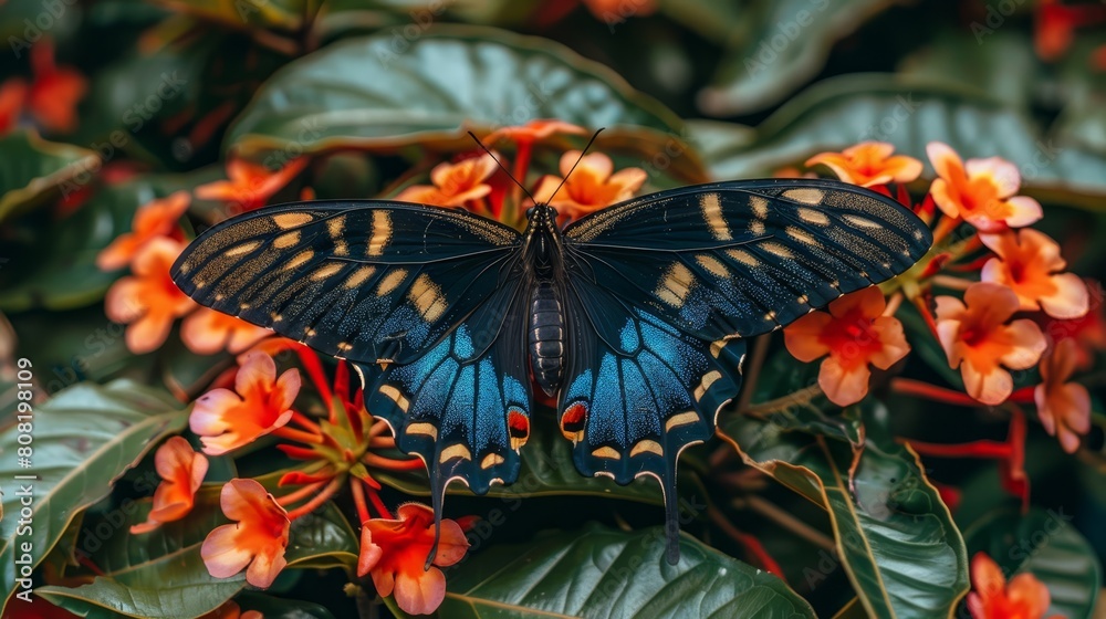   A tight shot of a butterfly perched on a red-yellow flowered plant Background consists of green foliage
