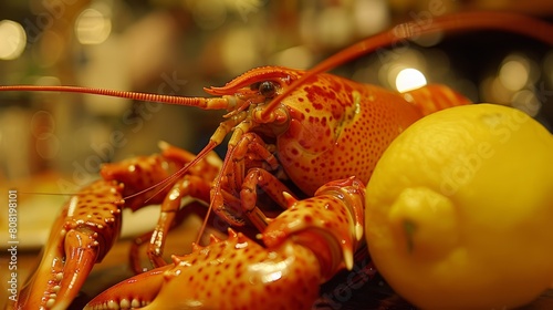   A tight shot of a lobster on a table, accompanied by a lemon and a glass of wine in the background © Jevjenijs