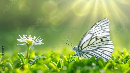  A tight shot of a butterfly perched on a blooming plant In the foreground, a flower is prominently displayed Behind, a sunburst illuminates the back