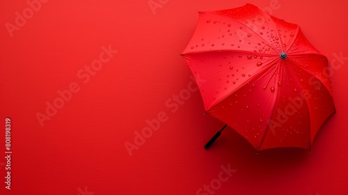   A red umbrella against a solid red backdrop, adorned with water droplets at its summit and base