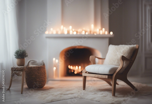 White fireplace with wooden armchair