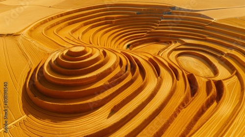  Aerial perspective of a field featuring a spiral formations' heart Midday illumination